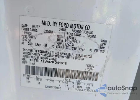 2007 Ford F-150 Stx/Xl/Xlt z USA, uszkodzony, nr VIN 1FTRF12W97KD41618